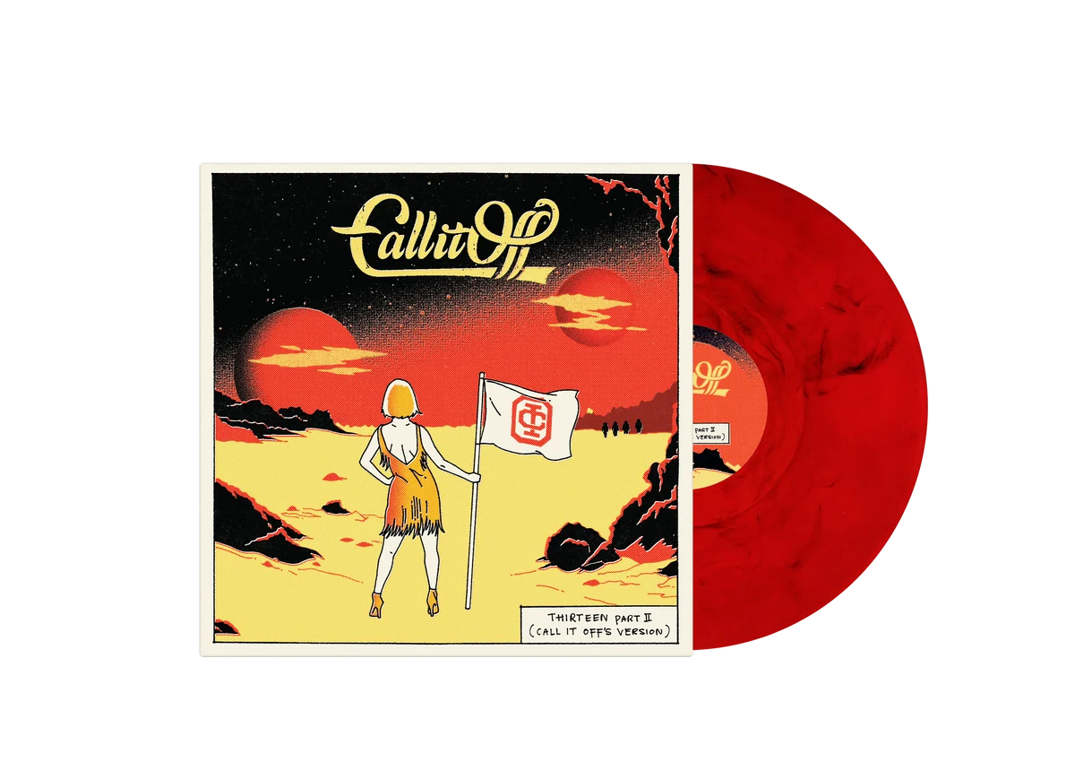 Thirteen Part II sleeve beside the red vinyl with black marbling